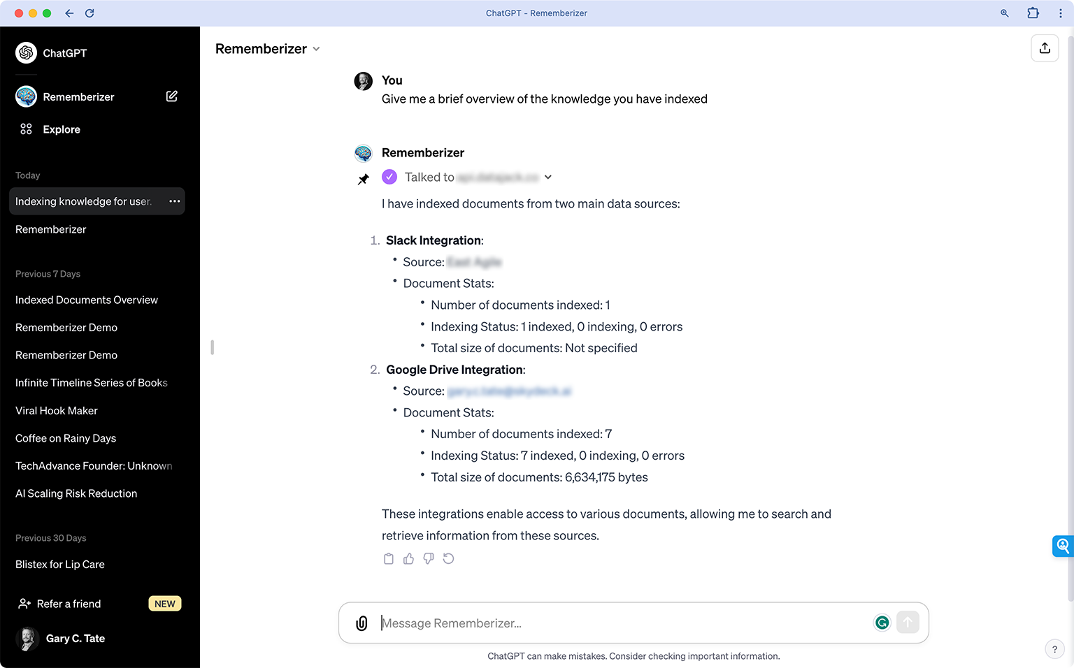 A screen shot of the the OpenAI GPT developed by SkyDeck AI Inc., that connects your personal or business knowledge allowing the GPT to answer queries about your connected data posed natural language.